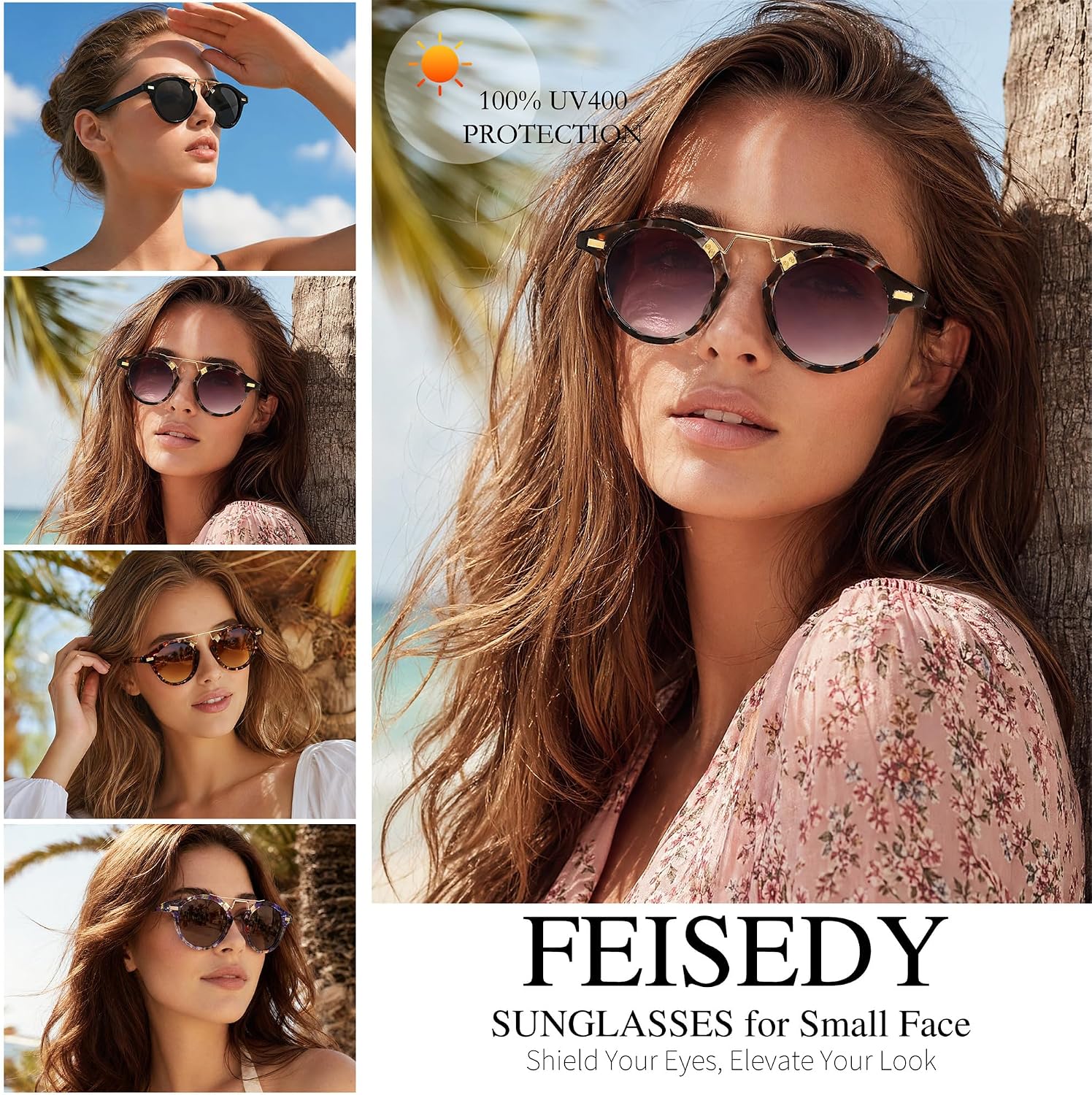 商品图片 27 | B0GX62YR7C | FEISEDY Retro Round Metal Brow Sunglasses for Women for Small Face B0427