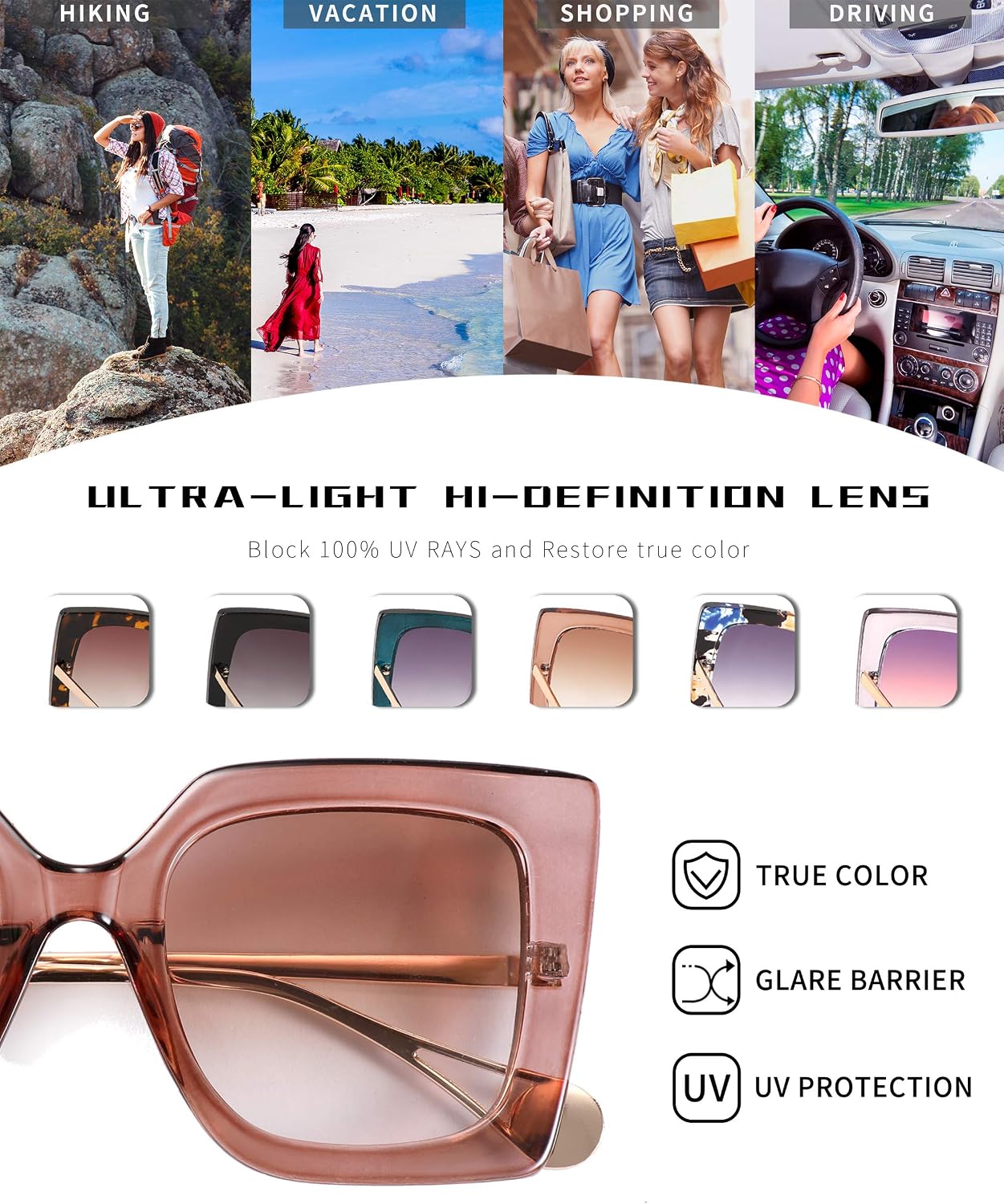 商品图片 7 | B08HVPGJW5 | FEISEDY Sunglasses Womens Trendy, Oversized Square Shades, Pearl Inlay Cat Eye Frame UV400 Protection B2625