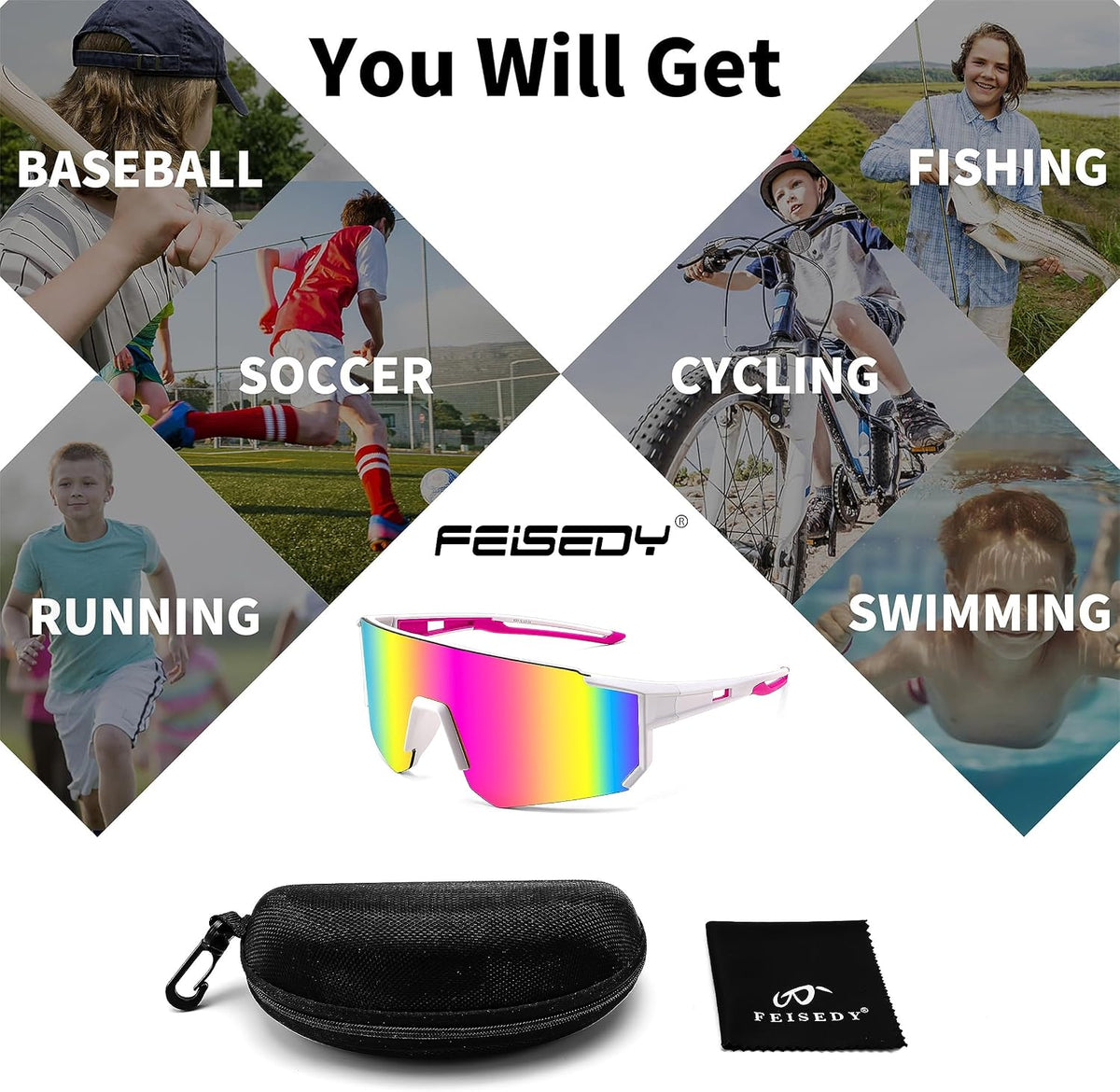 ÉÌƷͼƬ 8 | B0CCJ9N8C5 | FEISEDY Kids Sports Sunglasses UV400 for Youth, Ages 8-16 B0048