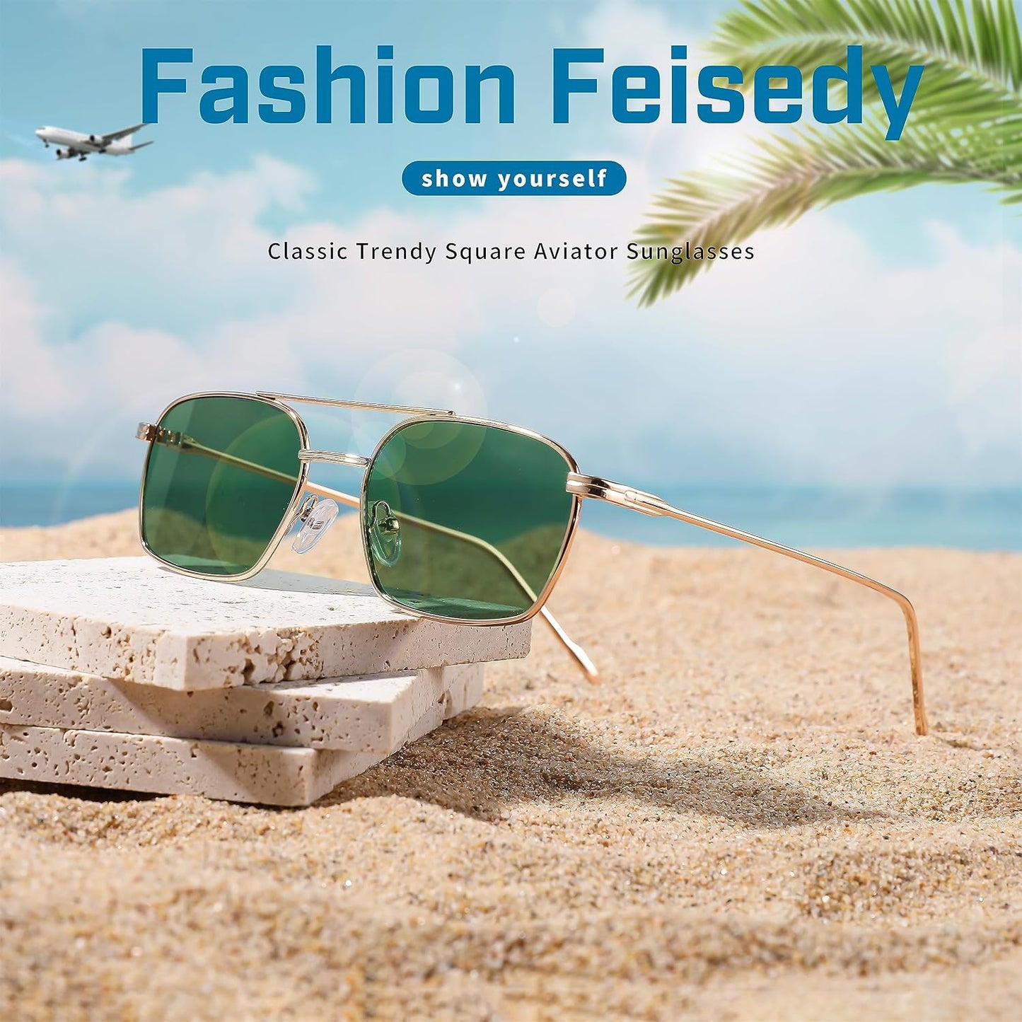 商品图片 45 | B09GKB6G1G | FEISEDY Fashion Square Aviator Sunglasses Women Men Trendy Retro Metal Frame Sun Glasses Candy Color Lens B1036