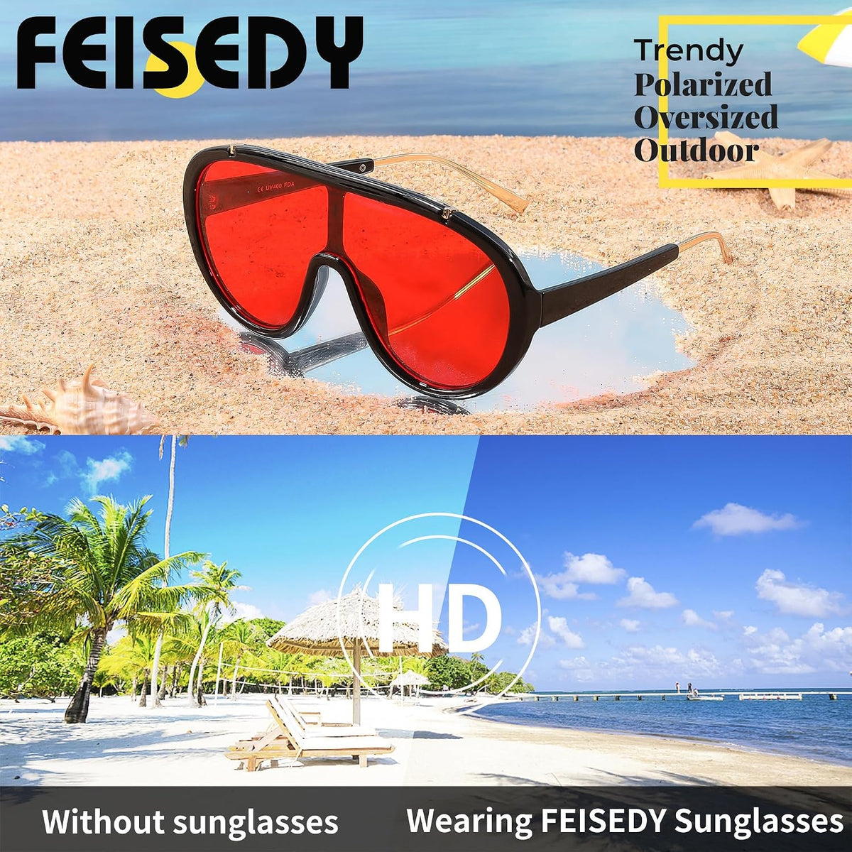 ÉÌƷͼƬ 67 | B085PPHWTZ | FEISEDY Retro Oversized Sunglasses Women Men One Piece Frame B2580
