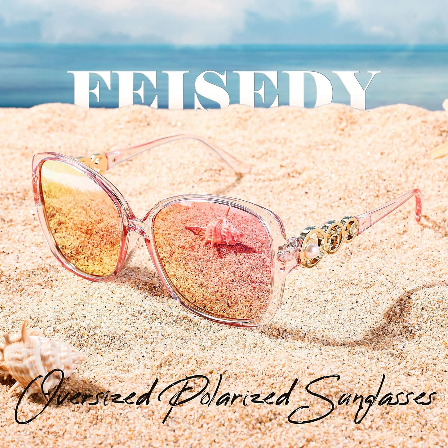 商品图片 30 | B0BJ71VZCB | FEISEDY Women's Fashion Sunglasses, Oversized Square Frame with Pearl Sparkling, Polarized UV Protection B2821