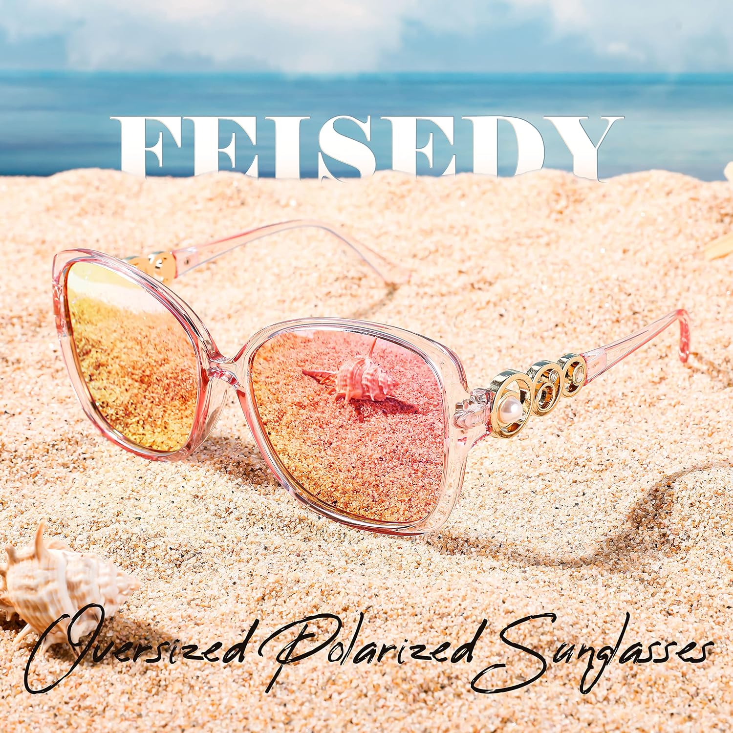 商品图片 30 | B0BJ71VZCB | FEISEDY Women's Fashion Sunglasses, Oversized Square Frame with Pearl Sparkling, Polarized UV Protection B2821