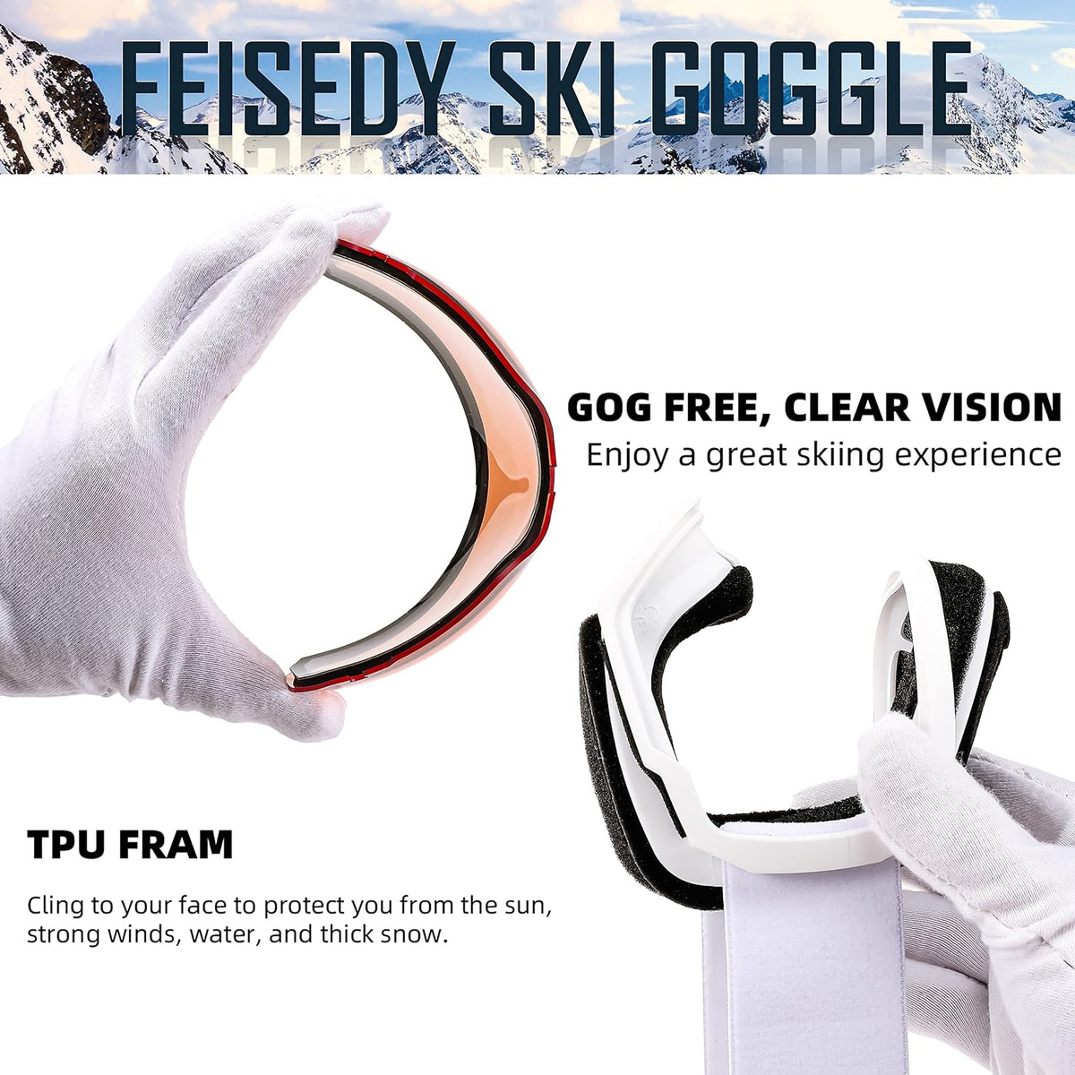 商品图片 38 | B0GHRB6WCQ | FEISEDY Ski Goggles, OTG Snow Sport Goggles for Adult Youth, Anti-Fog UV400 Protection Bendable Dual-Lenses B2961