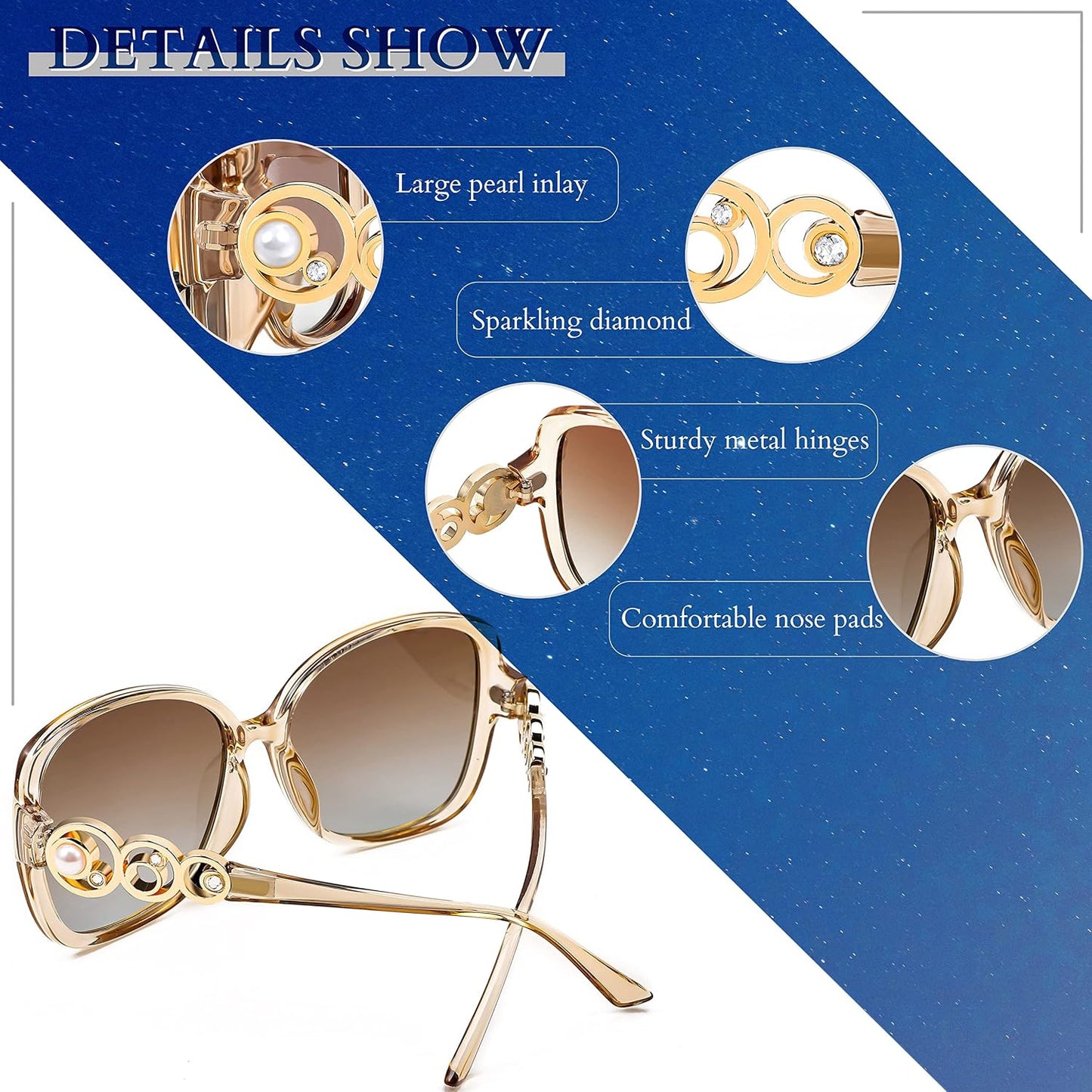 商品图片 37 | B0BJ71VZCB | FEISEDY Women's Fashion Sunglasses, Oversized Square Frame with Pearl Sparkling, Polarized UV Protection B2821