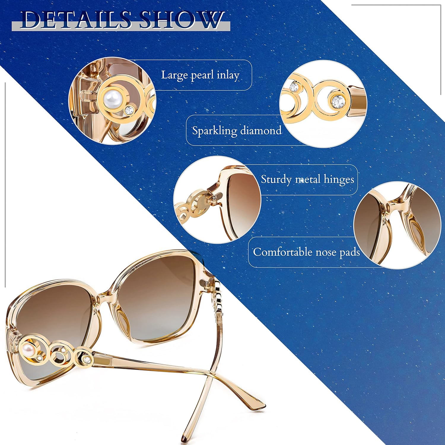 商品图片 37 | B0BJ71VZCB | FEISEDY Women's Fashion Sunglasses, Oversized Square Frame with Pearl Sparkling, Polarized UV Protection B2821