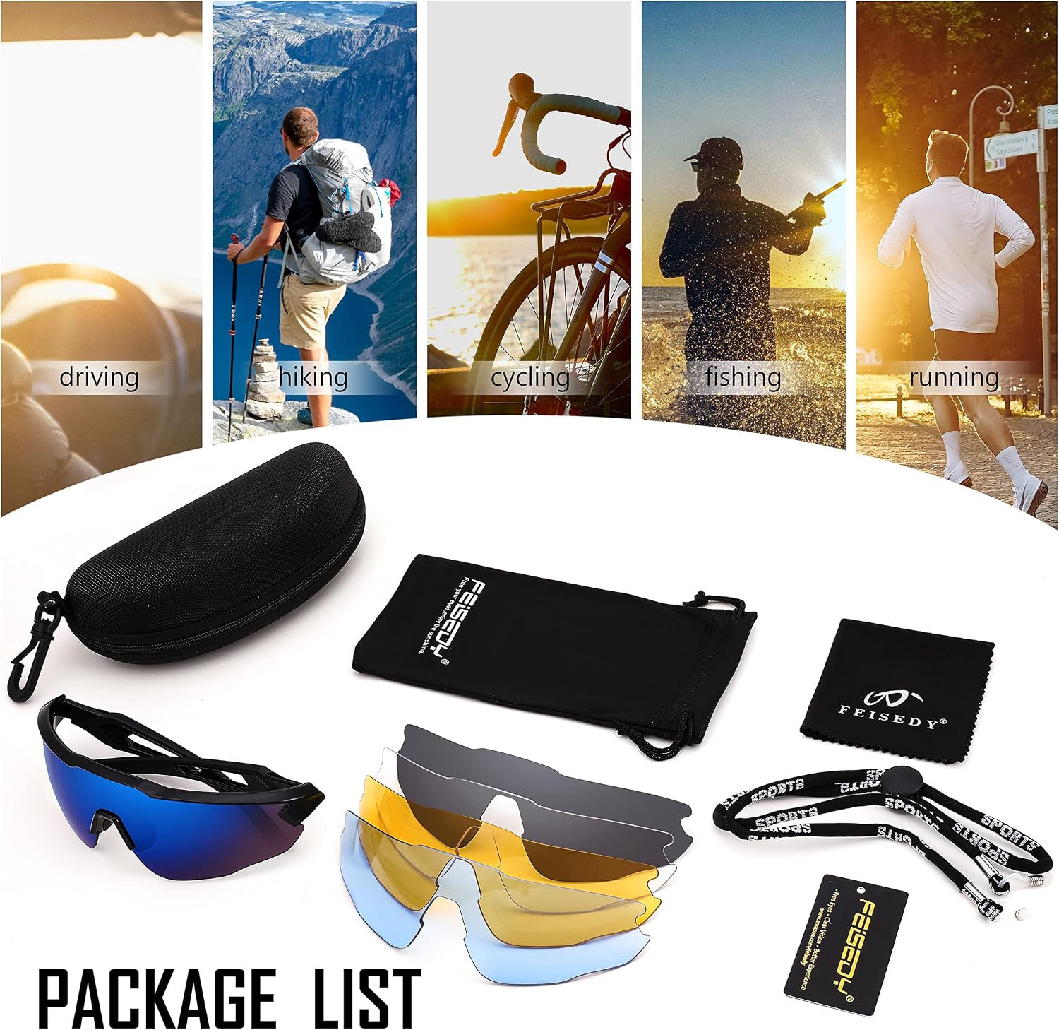 商品图片 20 | B0B2WDLNDM | FEISEDY Sports Sunglasses, with 5 Lenses for Men Women, TR90 Lightweight, Baseball Cycling Motorcycle Running Golf B2940