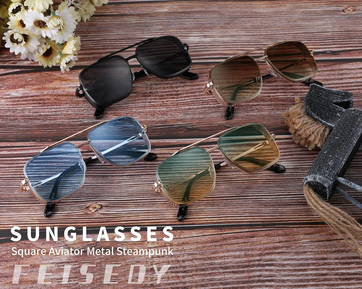 商品图片 51 | B09SDC5BD5 | FEISEDY Sunglasses Mens Women Vintage Pilot Square Trendy Metal Steampunk Fishing Driving Sun Glasses B2894