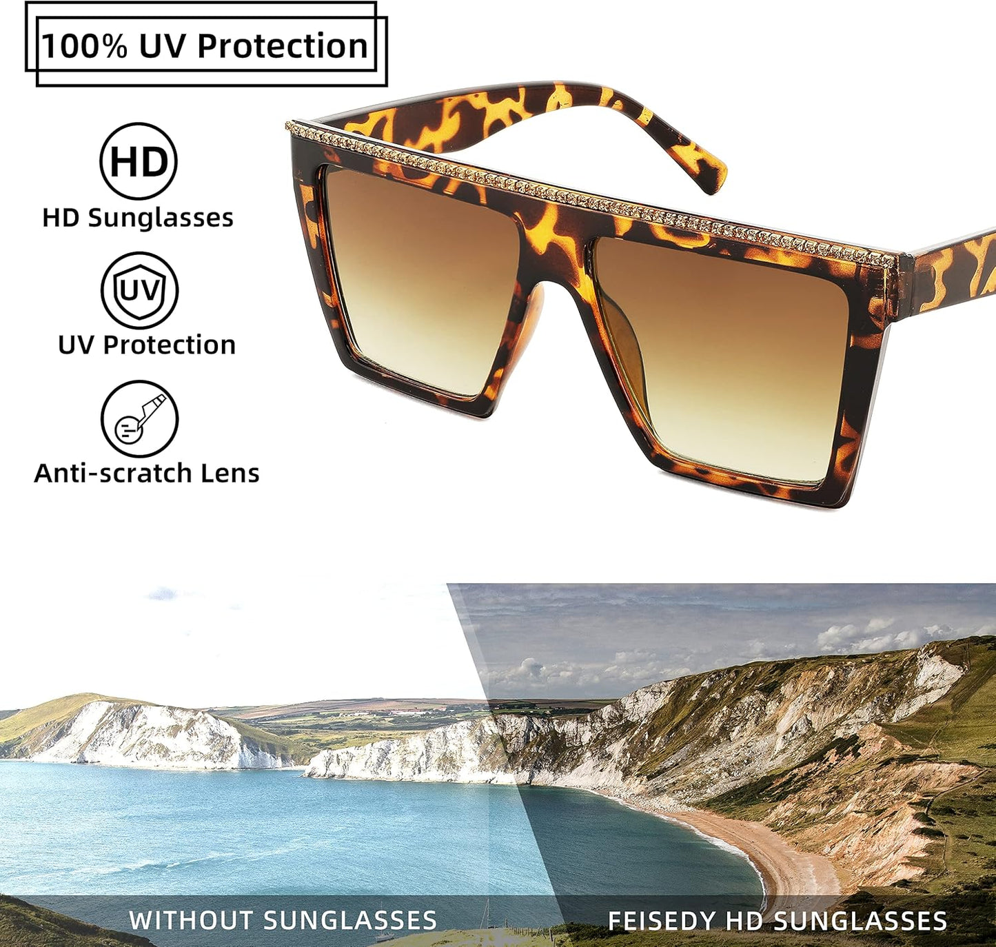 商品图片 5 | B0BQ2D8YFC | FEISEDY Oversized Square Sunglasses for Women Trendy Retro Big Sun Glasses Rhinestone Sunglasses B2347