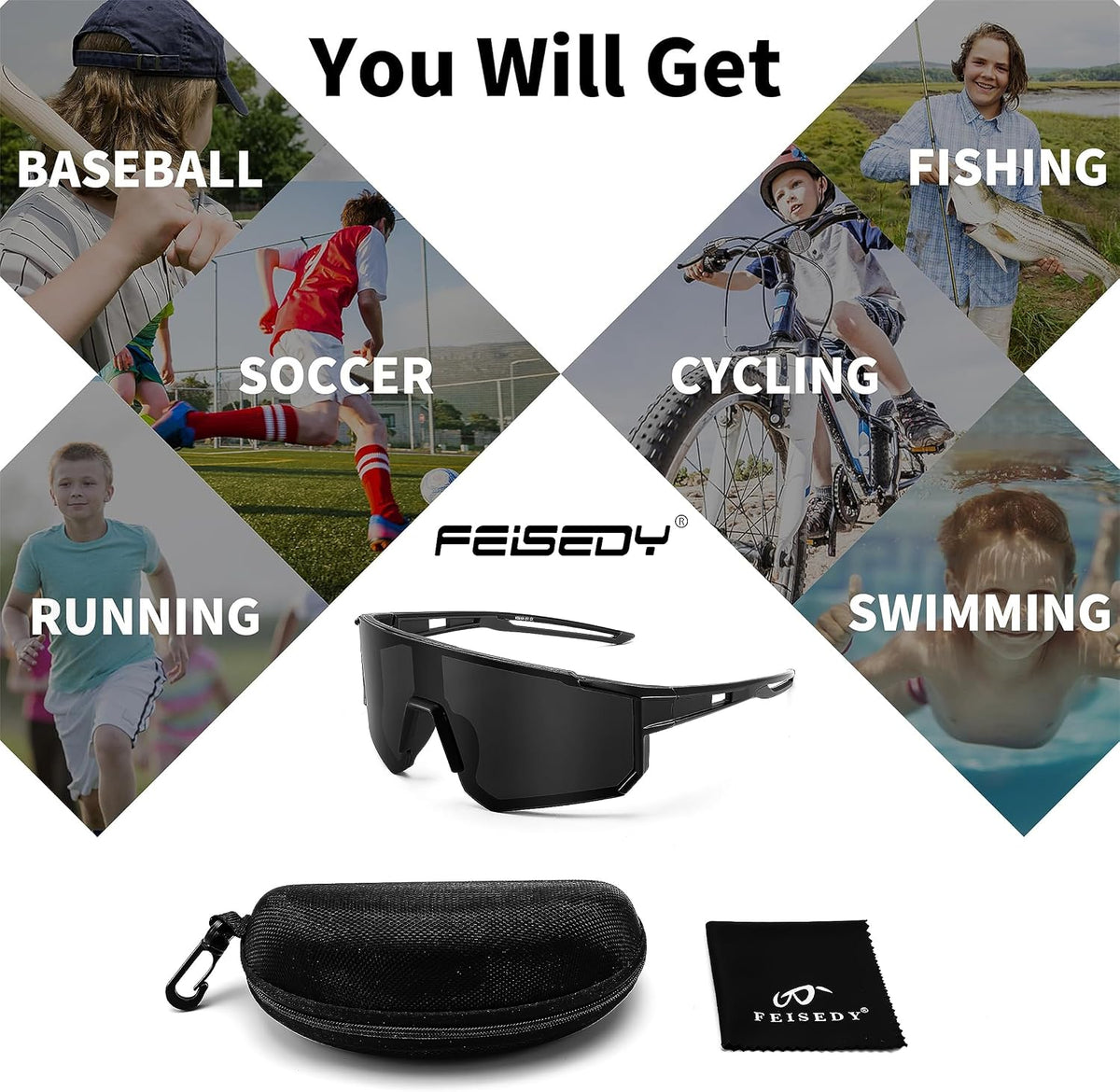 ÉÌƷͼƬ 59 | B0CCJ9N8C5 | FEISEDY Kids Sports Sunglasses UV400 for Youth, Ages 8-16 B0048