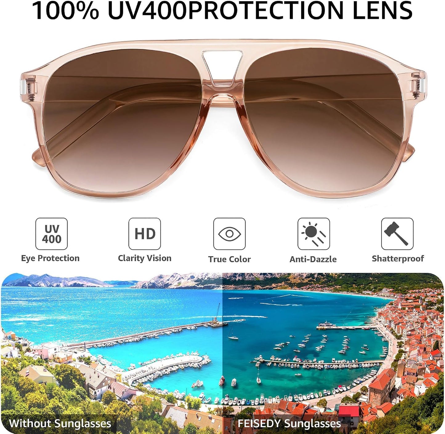 商品图片 6 | B0GXMV1N2N | FEISEDY Retro Aviator Sunglasses for Women Men Square Sunnies 70s Pilot Style Lightweight UV400 Shades B0421
