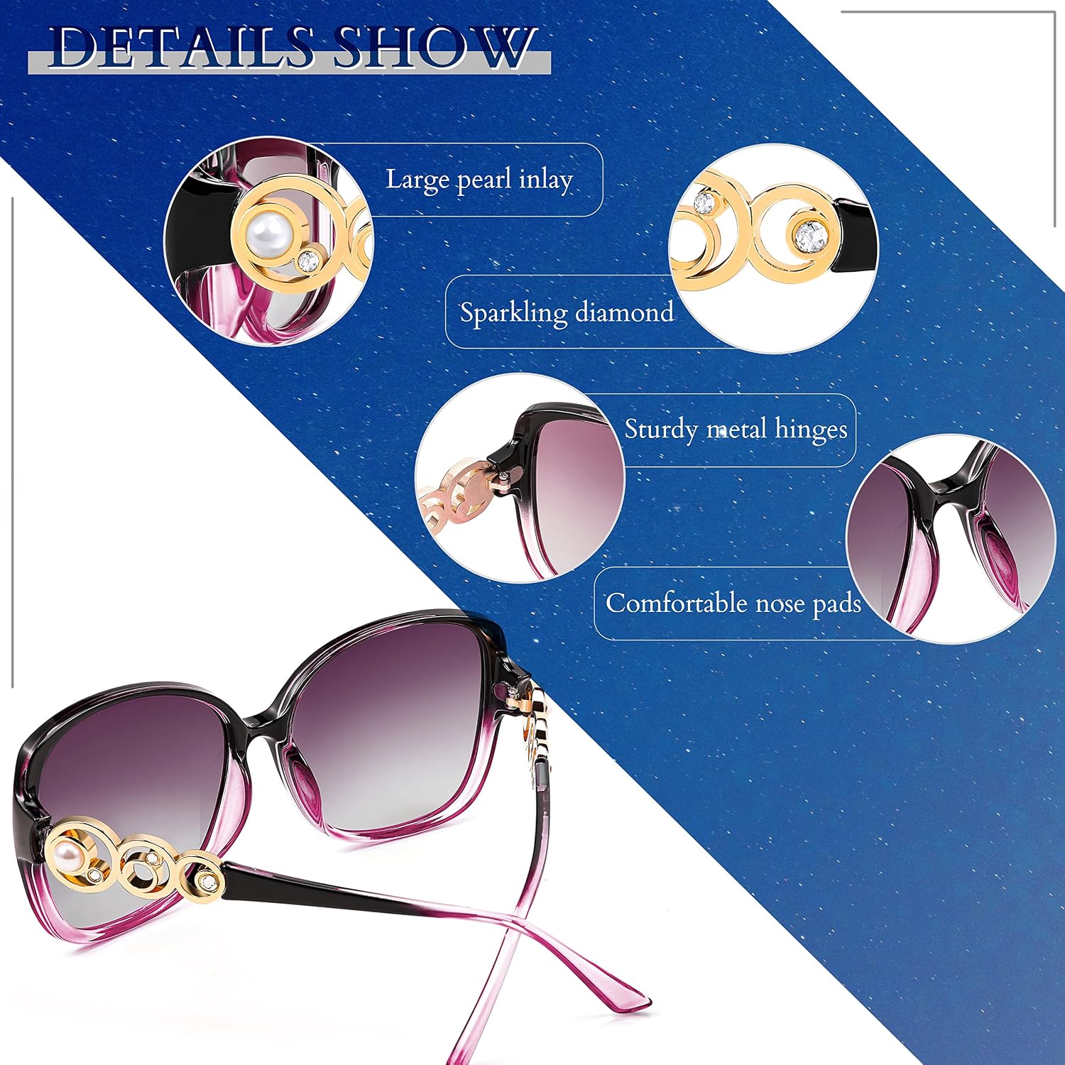 商品图片 54 | B0BJ71VZCB | FEISEDY Women's Fashion Sunglasses, Oversized Square Frame with Pearl Sparkling, Polarized UV Protection B2821