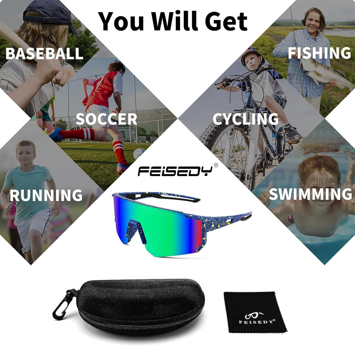 ÉÌƷͼƬ 23 | B0CCJ9N8C5 | FEISEDY Kids Sports Sunglasses UV400 for Youth, Ages 8-16 B0048