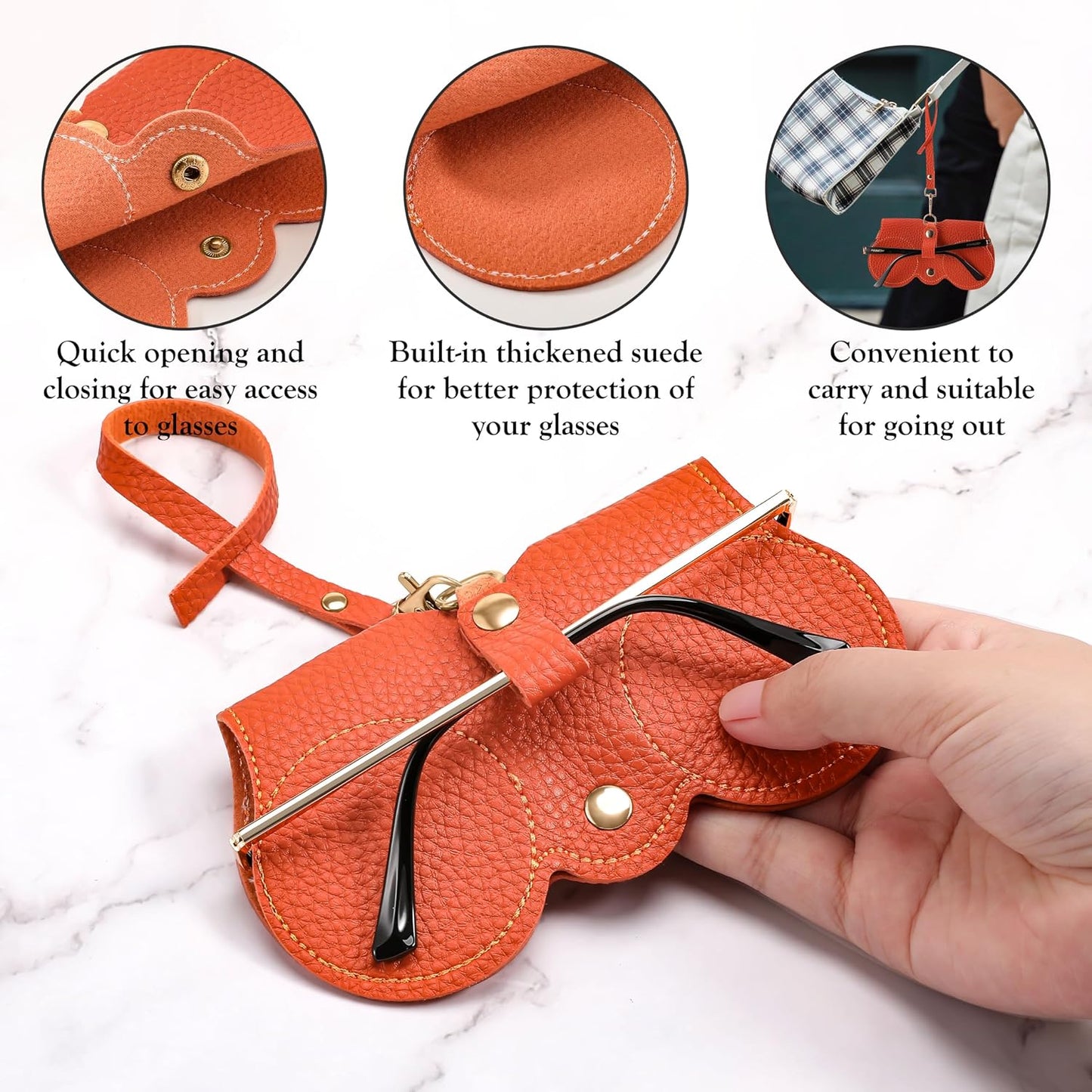 商品图片 30 | B0CFPPR4K1 | FEISEDY 2Pack Soft Leather Sunglass Bag, Portable Holder Eyeglasses Case | Lightweight Portable Design, With Button Clip Wrist Strap for Travel Daily Use B0049