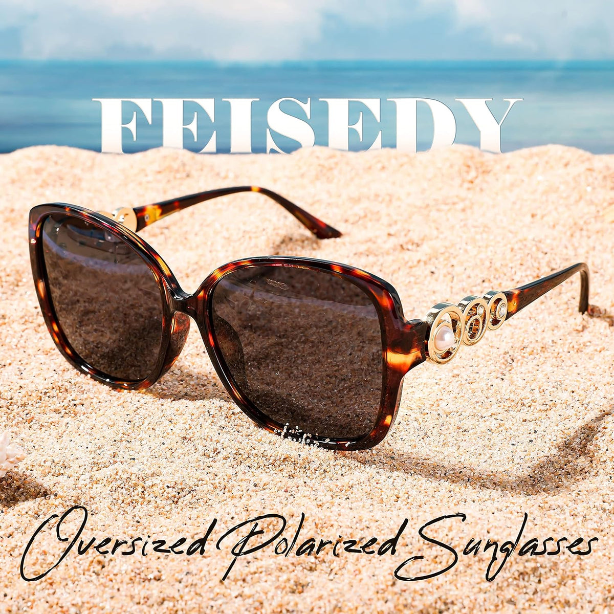 ÉÌƷͼƬ 48 | B0BJ71VZCB | FEISEDY Women's Fashion Sunglasses, Oversized Square Frame with Pearl Sparkling, Polarized UV Protection B2821