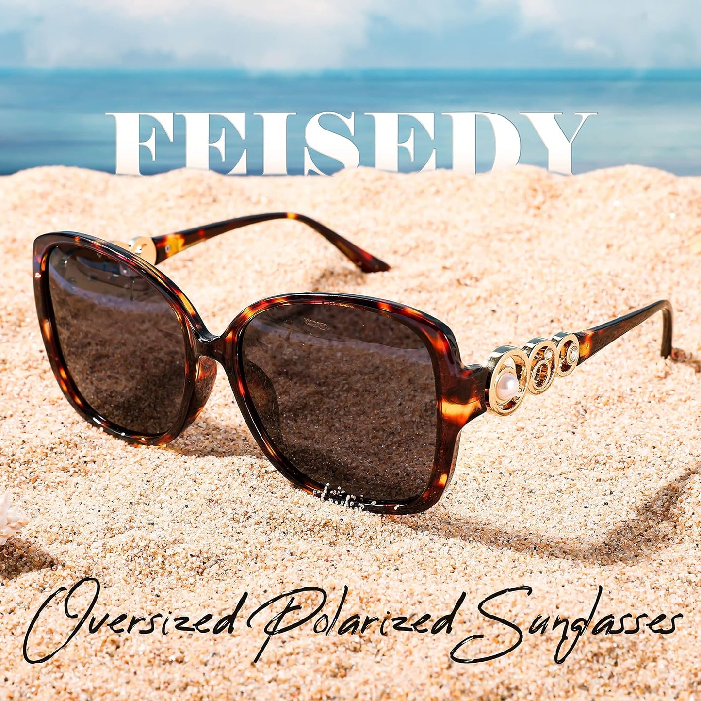 商品图片 48 | B0BJ71VZCB | FEISEDY Women's Fashion Sunglasses, Oversized Square Frame with Pearl Sparkling, Polarized UV Protection B2821