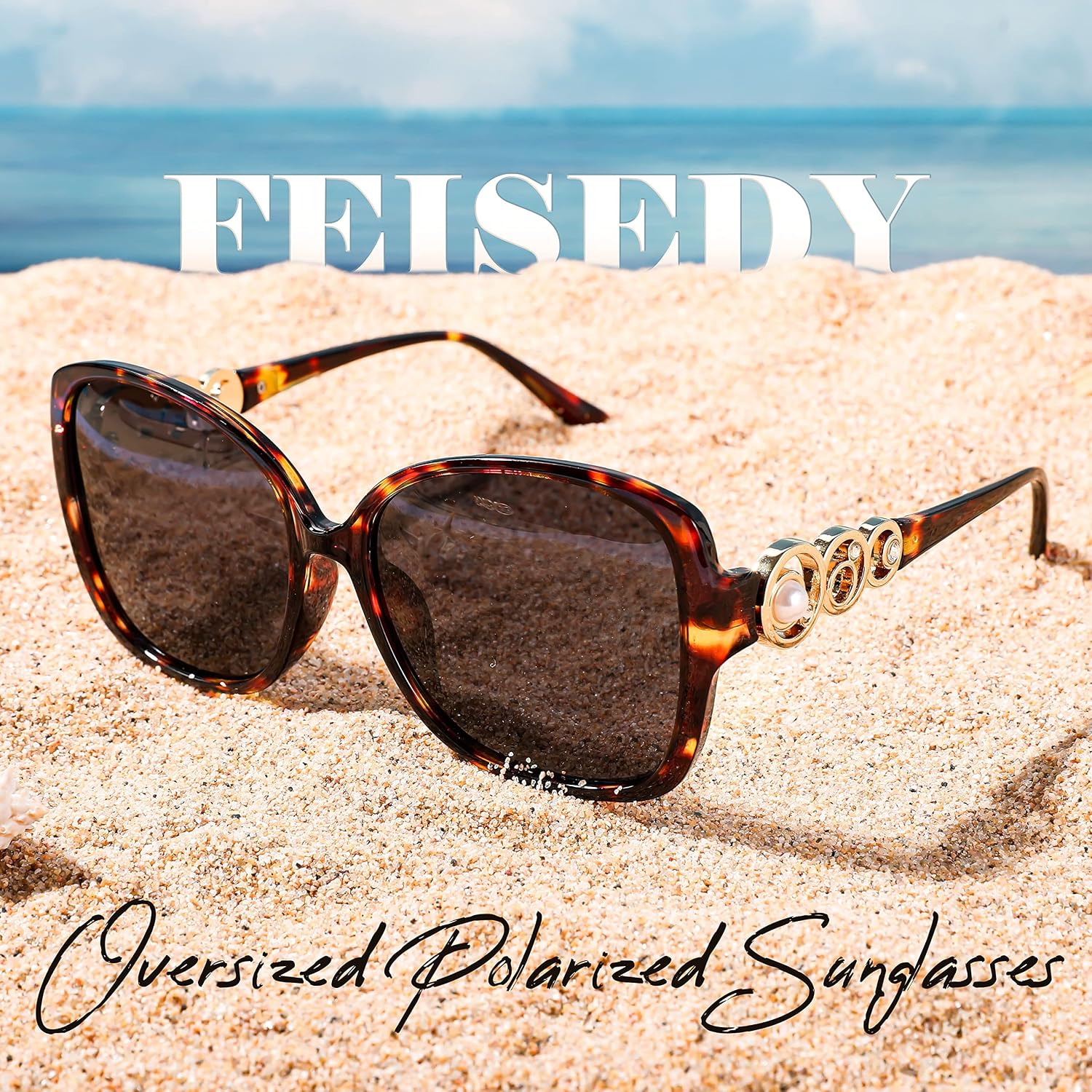 商品图片 48 | B0BJ71VZCB | FEISEDY Women's Fashion Sunglasses, Oversized Square Frame with Pearl Sparkling, Polarized UV Protection B2821