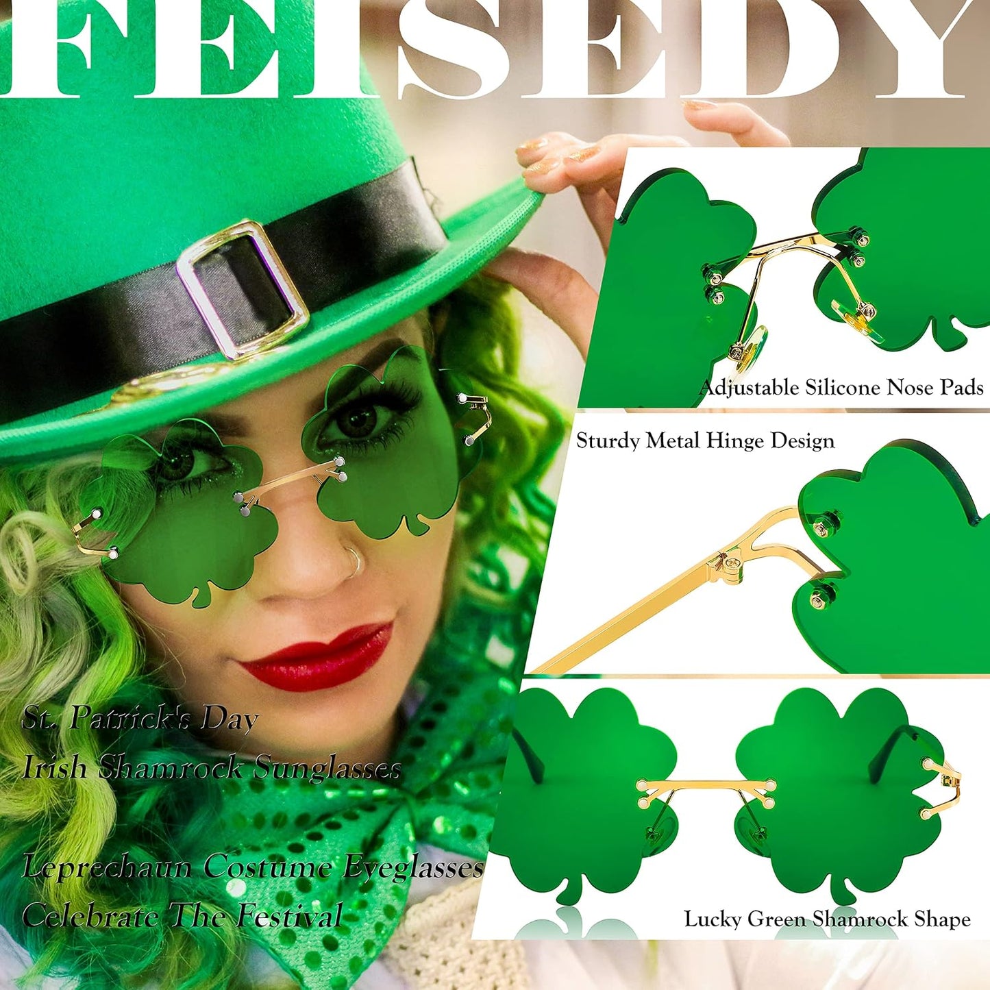 商品图片 3 | B0BX63CDKK | FEISEDY St. Patrick's Day Irish Shamrock Sunglasses Lucky Green Leprechaun Costume Eyeglasses for Women Men B2369
