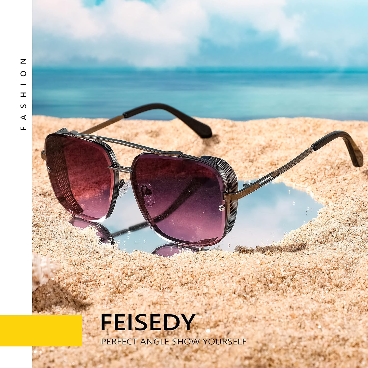 商品图片 14 | B09SDC5BD5 | FEISEDY Sunglasses Mens Women Vintage Pilot Square Trendy Metal Steampunk Fishing Driving Sun Glasses B2894