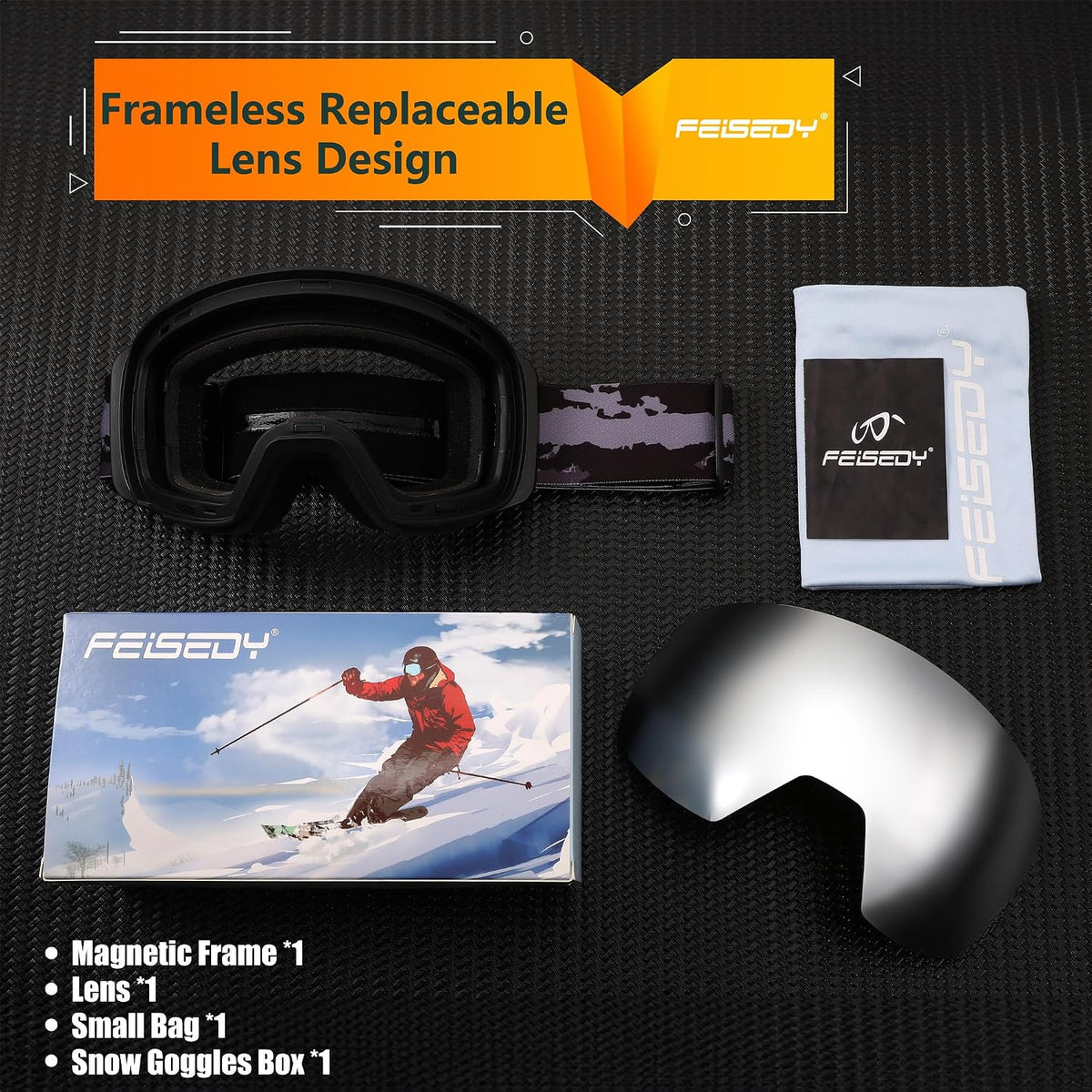 商品图片 21 | B0CD3JFB1C | FEISEDY Magnetic Ski Goggles for Men Women Youth Frameless Snow Goggles 100% UV Protection Snowboard Goggles B0020