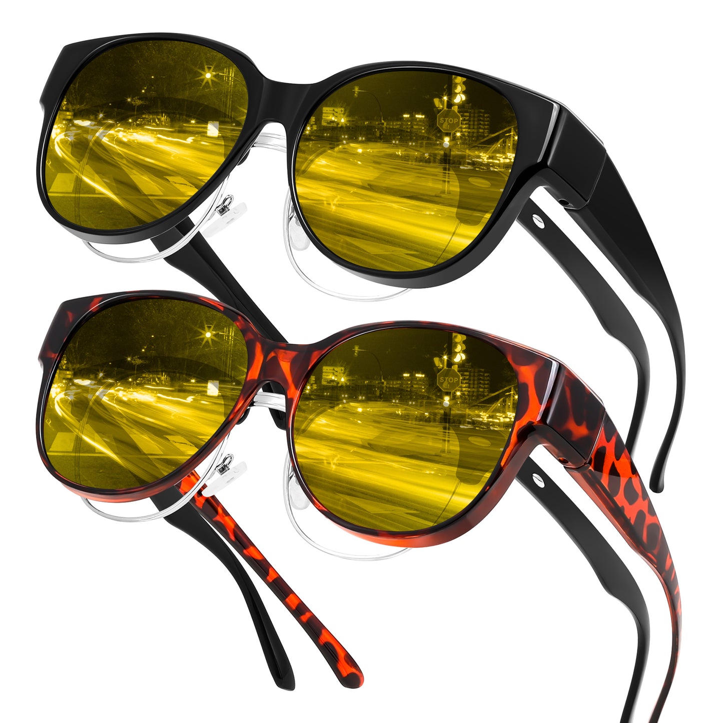 night goggles for driving FEISEDY 2Pack Night Driving Glasses Over Glasses with Yellow Lenses Fi