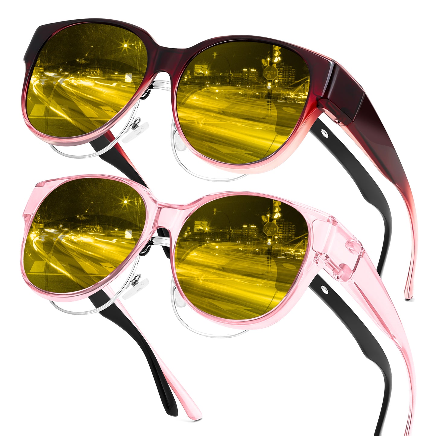 FEISEDY 2Pack Night Driving Glasses Over Glasses with Yellow Lenses Fit Over Polarized Nighttime Sunglasses B0331