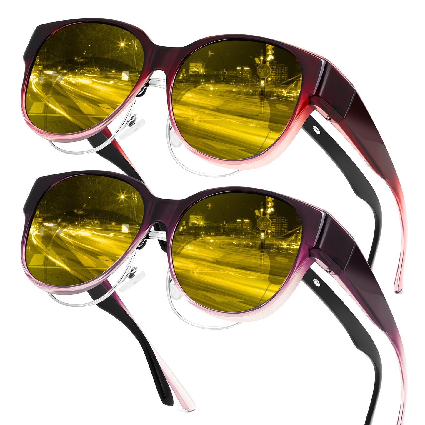 FEISEDY 2Pack Night Driving Glasses Over Glasses with Yellow Lenses Fit Over Polarized Nighttime Sunglasses B0331