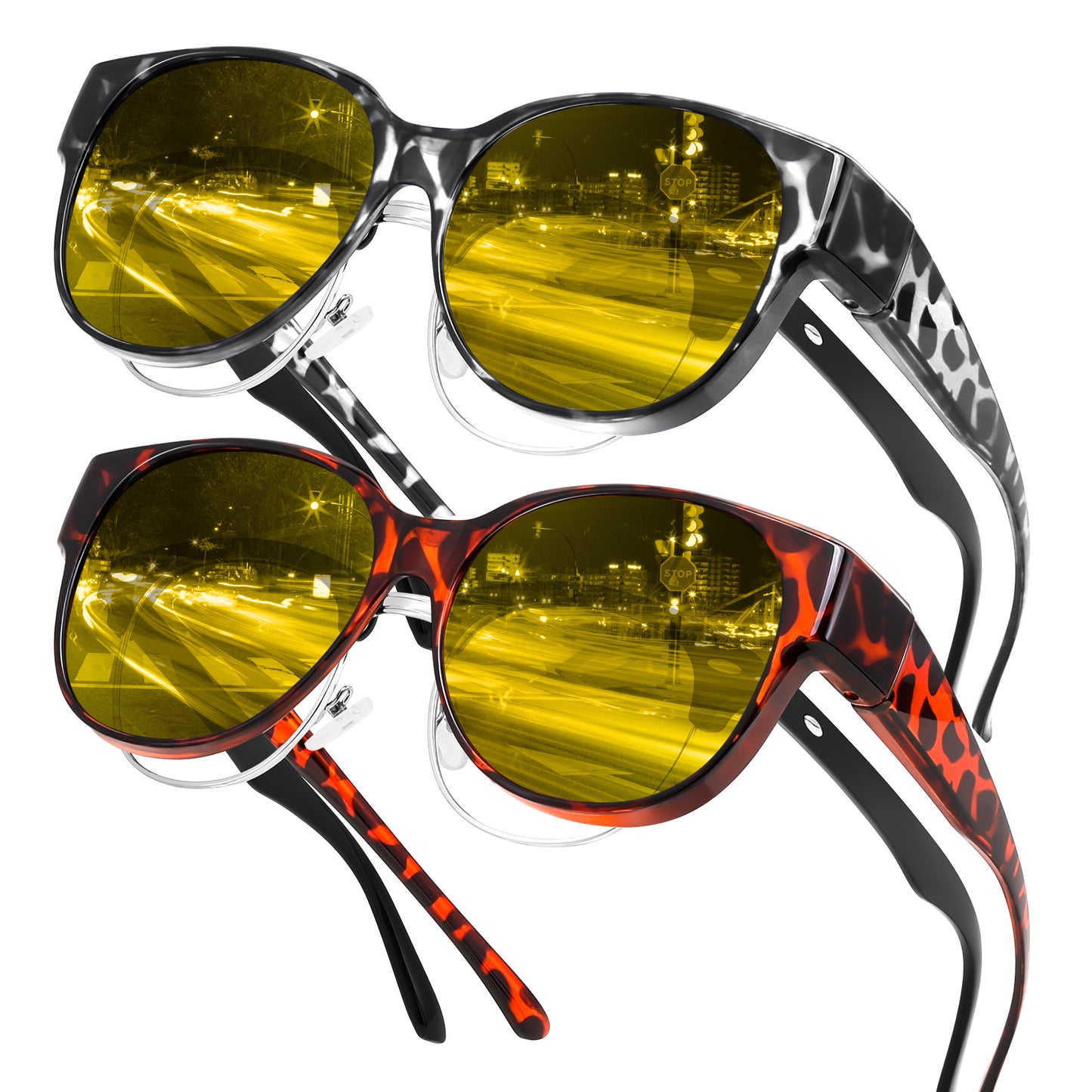 FEISEDY 2Pack Night Driving Glasses Over Glasses with Yellow Lenses Fit Over Polarized Nighttime Sunglasses B0331