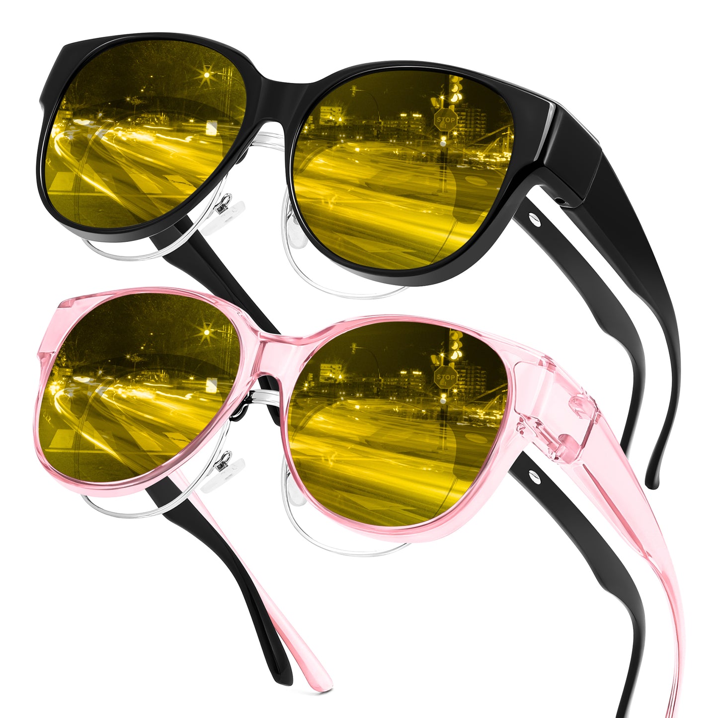 FEISEDY 2Pack Night Driving Glasses Over Glasses with Yellow Lenses Fit Over Polarized Nighttime Sunglasses B0331