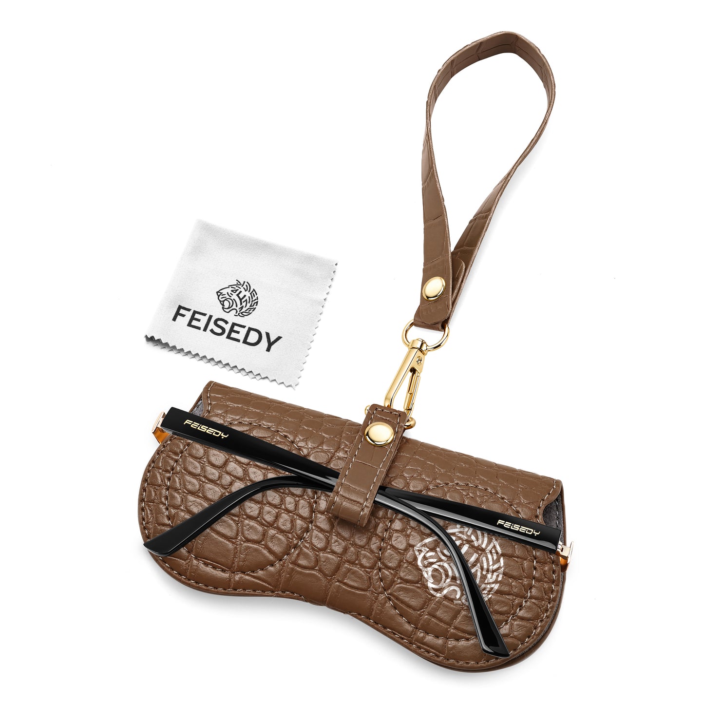 FEISEDY Soft Crocodile Textured Leather Sunglass Bag, Portable Glasses Pouch With Button Clip Wrist Strap B0366