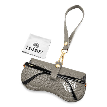 FEISEDY Soft Crocodile Textured Leather Sunglass Bag, Portable Glasses Pouch With Button Clip Wrist Strap B0366