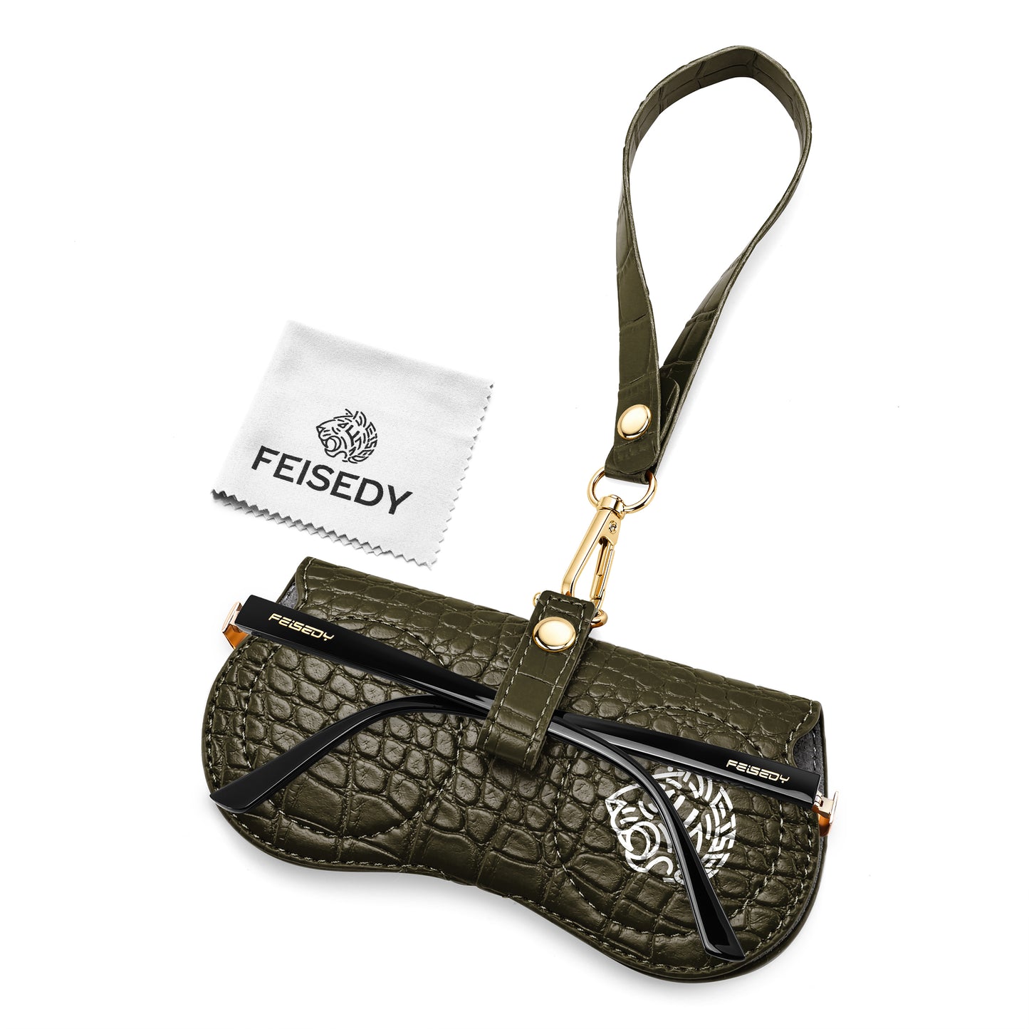 FEISEDY Soft Crocodile Textured Leather Sunglass Bag, Portable Glasses Pouch With Button Clip Wrist Strap B0366
