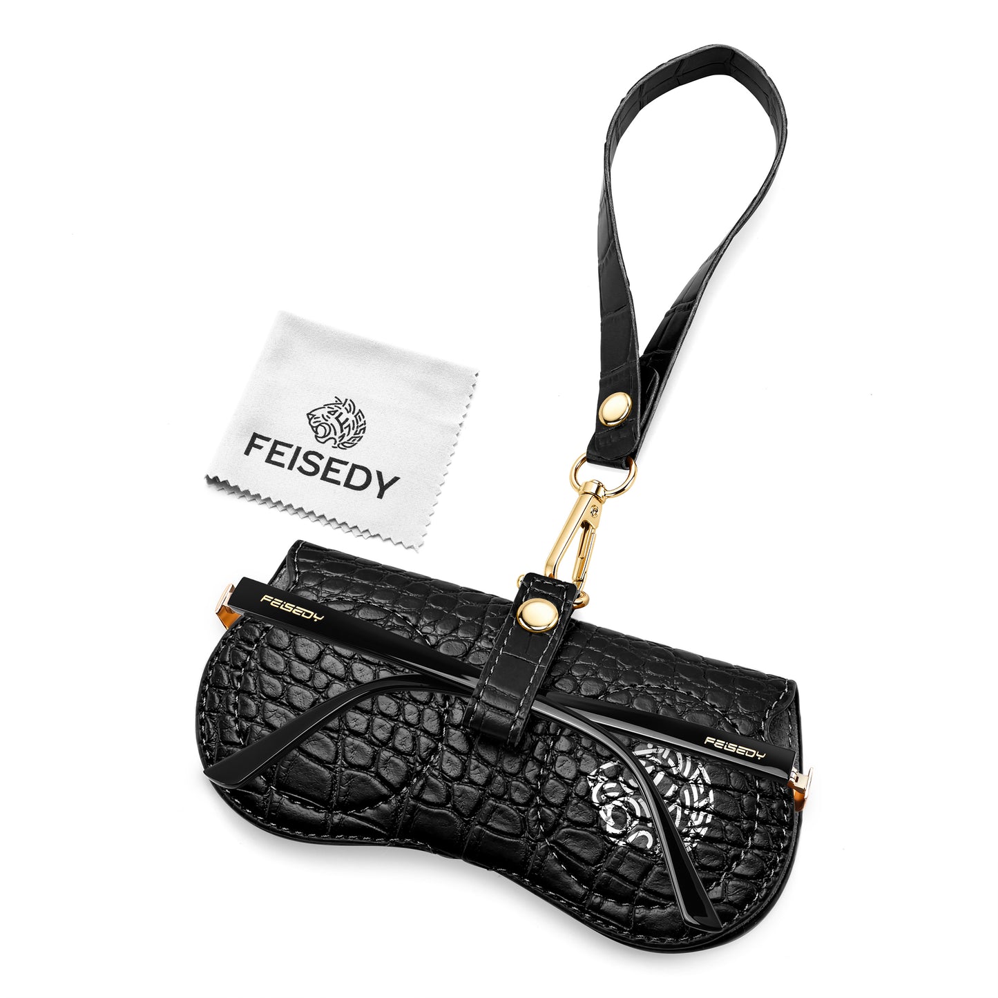 FEISEDY Soft Crocodile Textured Leather Sunglass Bag, Portable Glasses Pouch With Button Clip Wrist Strap B0366